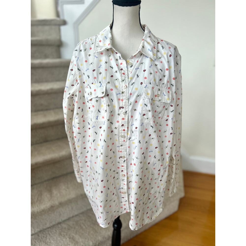Talbots White BumbleBee Lady Bug Dragonfly Print Long Sleeve Button Down Shirt